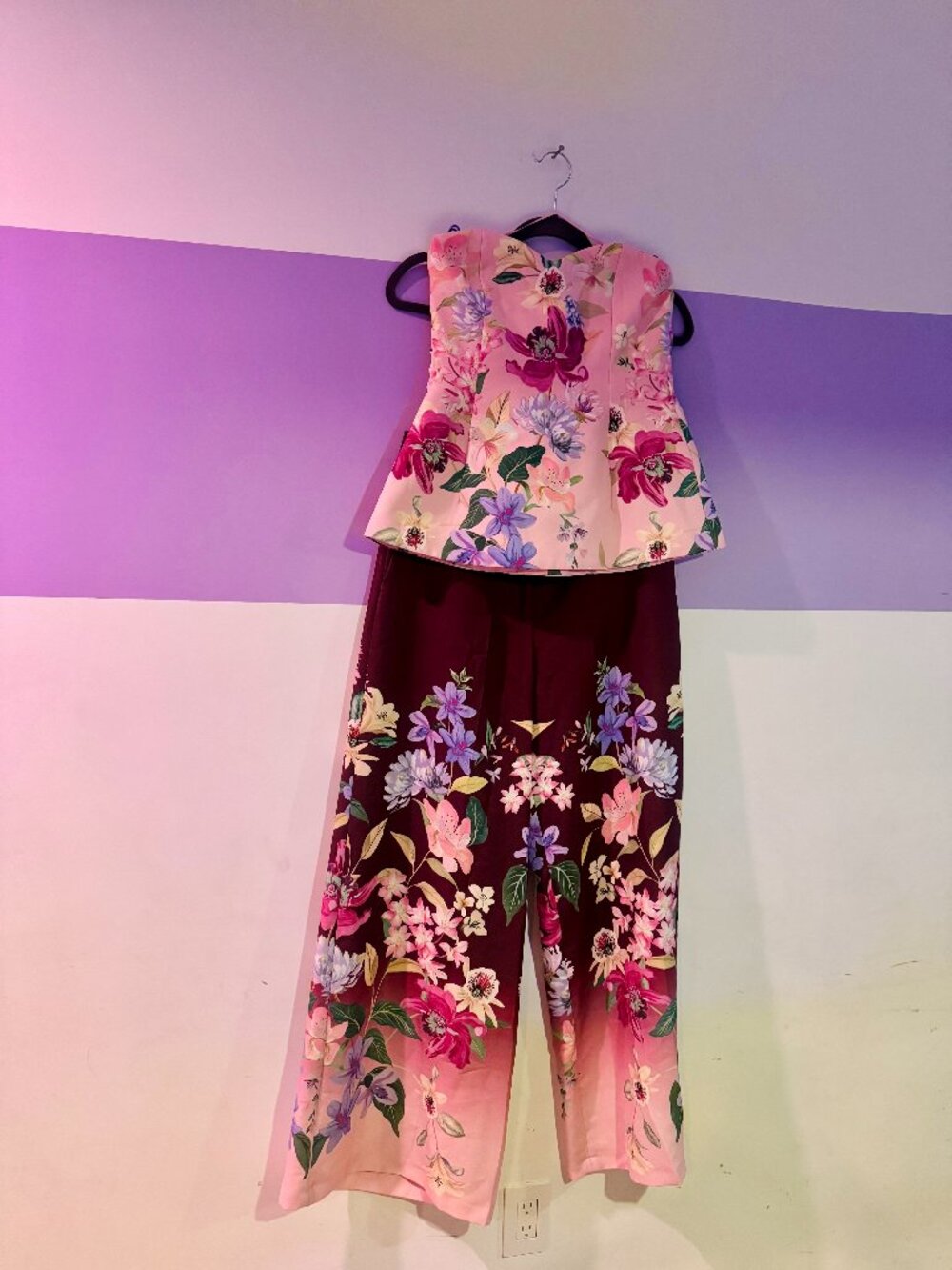 SET // Zara Floral Print Wide Leg Pants & Bustier Top with Belt